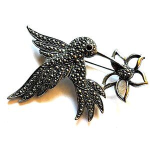 Hummingbird Flower Brooch 80s Avon Rhinestone Silver Tone Figural
